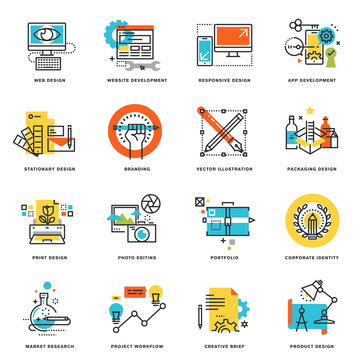 Set of flat line design icons of graphic design, website and app design and development. Vector illustration concepts.