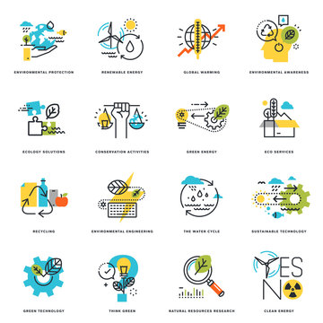 Set of flat line design icons of nature, ecology, green technology and recycling. Vector illustration concepts for graphic and web design and development, isolated on white.