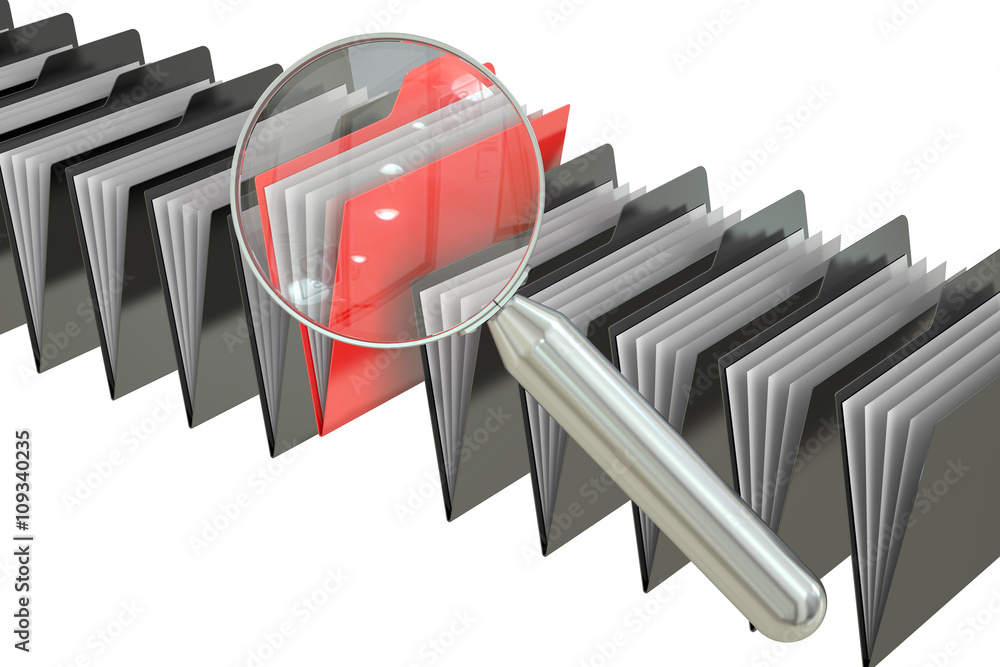 Poster file search concept: folders and magnifying glass, 3d rendering