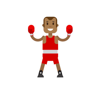 Character boxer in red uniforms and boxing gloves. Boxer is the winner hands up on white background. Vector flat illustration