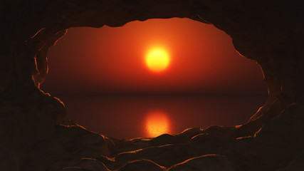 Obrazy  Widok 3D z jaskini na morze o zachodzie słońca