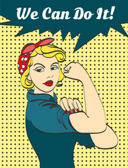 We Can Do It. Iconic woman's fist symbol of female power and industry. cartoon woman with can do attitude