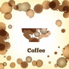 Vector image of dirty background with coffee drops and splashes an coffee cup silhouette