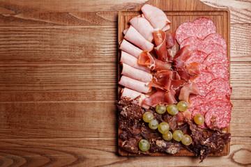 Cold meat plate, slices prosciutto, ham,beef jerky, sausage, sal