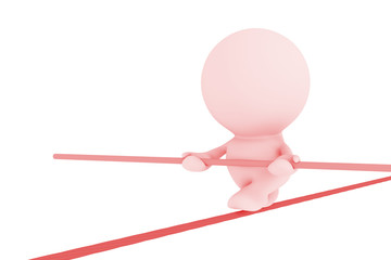 tightrope walking pink human 3d person on a red wire (3D illustration  on a white background)