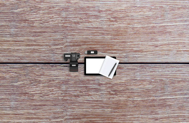 Office desk top view image for mock up. Wooden background