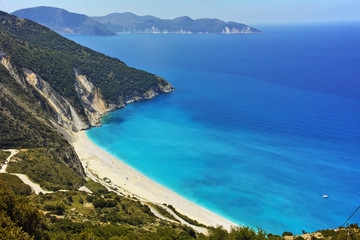 Obraz premium Panoramic View of beautiful Myrtos beach, Kefalonia, Ionian islands, Greece
