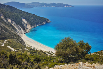 Fototapeta na wymiar Blue waters of Myrtos beach, Kefalonia, Ionian islands, Greece
