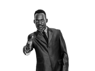 African businessman portrait going to shake hands black and white