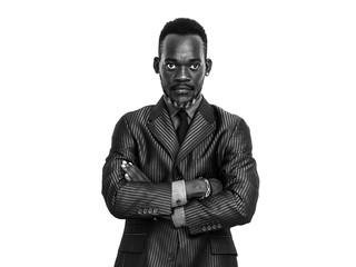 African businessman portrait wearing grey suit with crossed arms