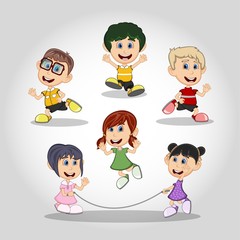 Set of children running and jumping rope cartoon