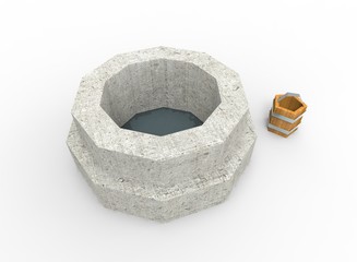 3d illustration of well. simple low polygonal triangles style. blue water. with bucket. isolated on white background with shadow. icon for game and web.