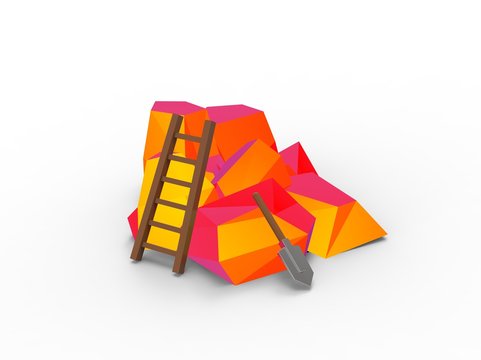 3d illustration of red orange rocks with ladder and shovel. icon for game web. art abstract. isolated on white background. low polygon style.