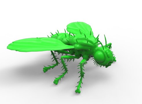 green fly. 3d illustration on white background with shadow. painted metal statue of insect.