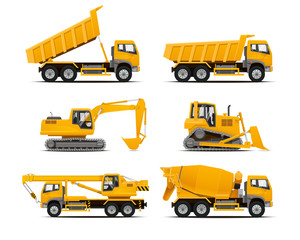 Set of the construction machinery vehicles. Vector Truck, Vector Dumper, Vector Excavator, Vector Mobile crane, Dozer. High detailed vector illustration. © paul_craft