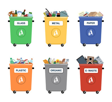 Garbage cans vector flat illustrations. Sorting garbage. Ecology and recycle concept. Trash cans isolated on white background
