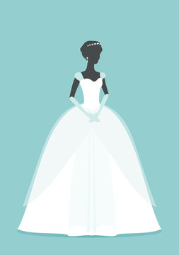 Beautiful Bride. Princess silhouette with shadow. Female White wedding dress on mannequin isolated on Green background. Vector