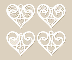 Set stencil lacy hearts with carved openwork pattern. Template for interior design, layouts wedding cards, invitations, etc. Image suitable for laser cutting, plotter cutting or printing. Vector