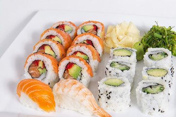 Assorted sushi dish on a white square dish