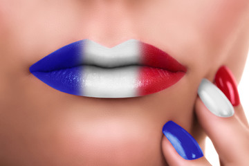 French kiss. Woman French Flag makeup and gel nail polish