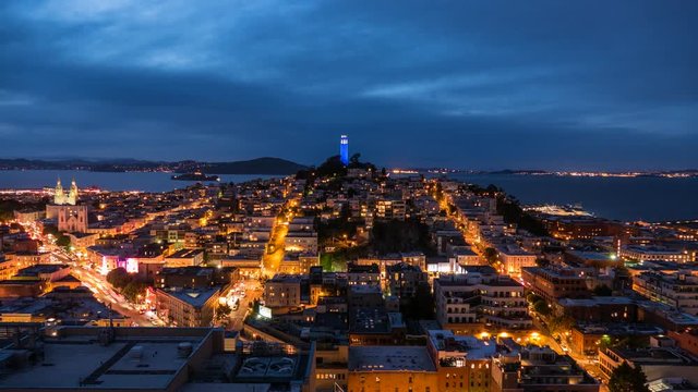 San Francisco Bay and North Beach Dusk to Night Time Lapse with Zoom In