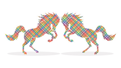 Twin horses designed using colorful pixels graphic vector.