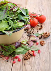 Fresh green salad. Vegetables and spice for salad.