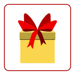 Colorful wrapped gift box icon. Presents decoration Flat design. Christmas surprise with bow isolated on white background. Symbol birthday, anniversary, celebration, happy holiday. Vector illustration