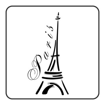 Eiffel Tower in a simple sketch style. Big famous symbol of Paris, France, romantic, love. Doodle french art. Landmark architecture hand draw. Isolated contour on white background. Vector illustration