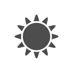 Sun icon. Light sign with sunbeams. Black design element, isolated on white background. Symbol of sunrise, heat, sunny and sunset, sunlight. Flat modern style for weather forecast. Vector Illustration