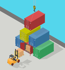 Unloading of sea cargo containers by a forklift.
