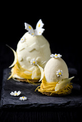 Easter egg.Elegance french mousse cake with velour coating.