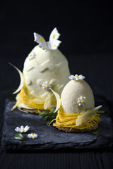 Easter egg.Elegance french mousse cake with velour coating.