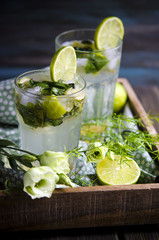 Lemon and mint lemonade with ice. 