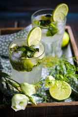 Lemon and mint lemonade with ice. 
