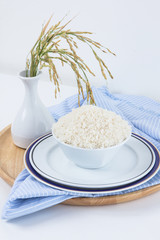 White ceramic bowl containing rice,shallow Depth of Field,Focus on rice.