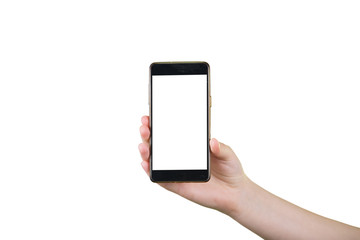 Hand holding smart phone isolated on white background.Isolated female hand holding a phone with white screen.