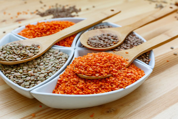 Three kinds of lentil in bowls - red lentil, green lentil and brown lentil