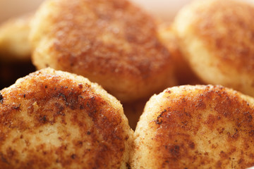 prepared fried fish cakes in bowl, shallow focus