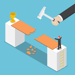 Isometric big hand destroy way to success of businessman