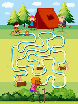 Game template with children camping in the field