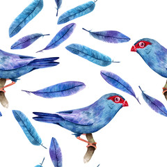 Seamless background pattern of watercolor blue bird and feathers