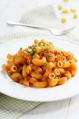 macaroni pasta in tomato sauce with chop meat