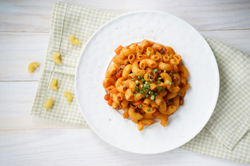 macaroni pasta in tomato sauce with chop meat
