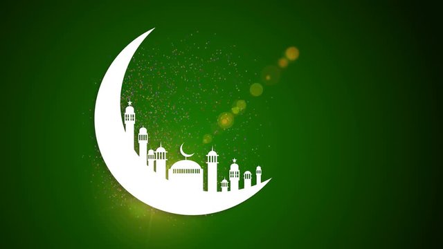 Islamic ramadan in white moon shape, particle background animation.Light ray effect. UHD 4k 3840x2160.
