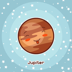 Kawaii space card. Doodle with pretty facial expression. Illustration of cartoon jupiter in starry sky © incomible