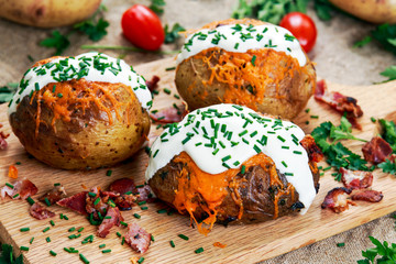 Hot Baked Potato with cheese, bacon, chives and sour cream.