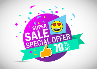 Super sale special offer banner. Colorful sale poster. 70% off.