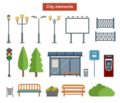 City and outdoor elements for construction of landscapes, Vector flat illustration
