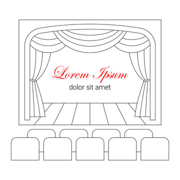 Theater stage with curtain and seats vector line illustration. Theater or cinema logo template. Entertainment icon.